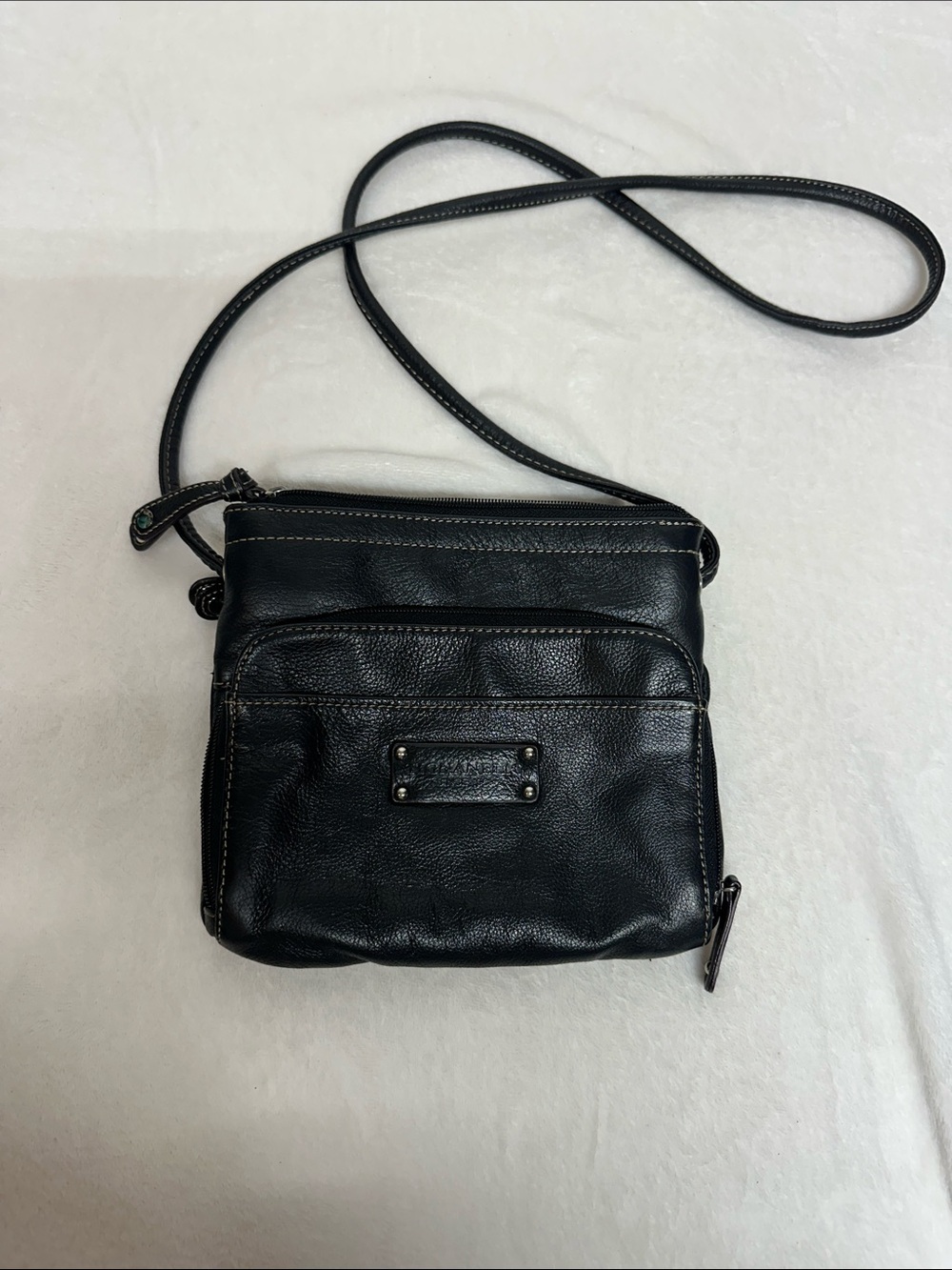 Tignanello Black Leather Crossbody with Front Zip Pocket